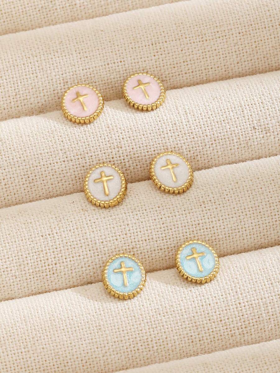 1 Pair Popular Multi-Color Stainless Steel Chain Cross Stud Earrings For Girls Kids Friends Party Glamorous Christian Ascension Day Jewelry Gift For Everyday Wear - Multicolor - View 1