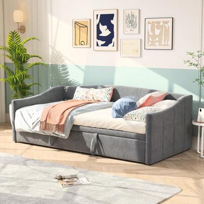 Ausziehbares Schlafsofa Grau, Multifunktionales Polsterbett Tagesbett mit Lattenrost, Elegantes & Bequemes 2 - Sitzer Funktionsbett aus Hautfreundlichem Samtstoff, Geeignet für Wohnzimmer, Gästezimmer & Kleine Räume (Ohne Matratze)