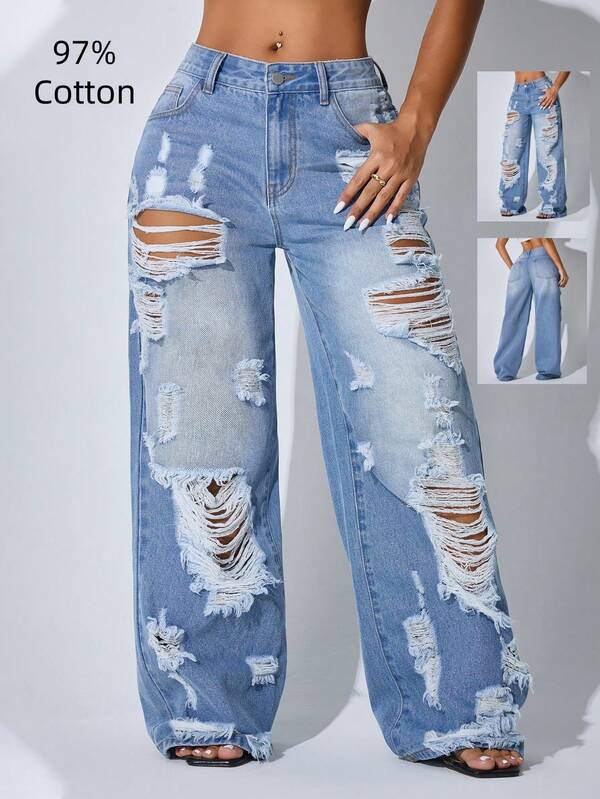 Calça Denim Feminina Casual de Cintura Baixa, Perna Larga, Rasgada, com Bolso Inclinado e Curva