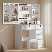 Favourite Gift White Dressing Table With Mirror Stool +6 Drawers Modern Bedroom Led Makeup Desk - White - View 6