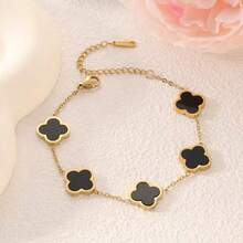 1 件 18K 金不锈钢黑白三叶草图案手链，白色珍珠母幸运四叶草珠子手链，适合女性、派对和日常佩戴，欧美风格 - 五葉草 - 查看 16