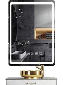 Espejo de baño LED, espejo de baño iluminado de 45x65 cm, control táctil y 3 modos de luz, reloj digital y termómetro, espejo de baño antiempañante ajustable, espejo LED de vidrio templado, fácil instalación - Redondo - Ver 1