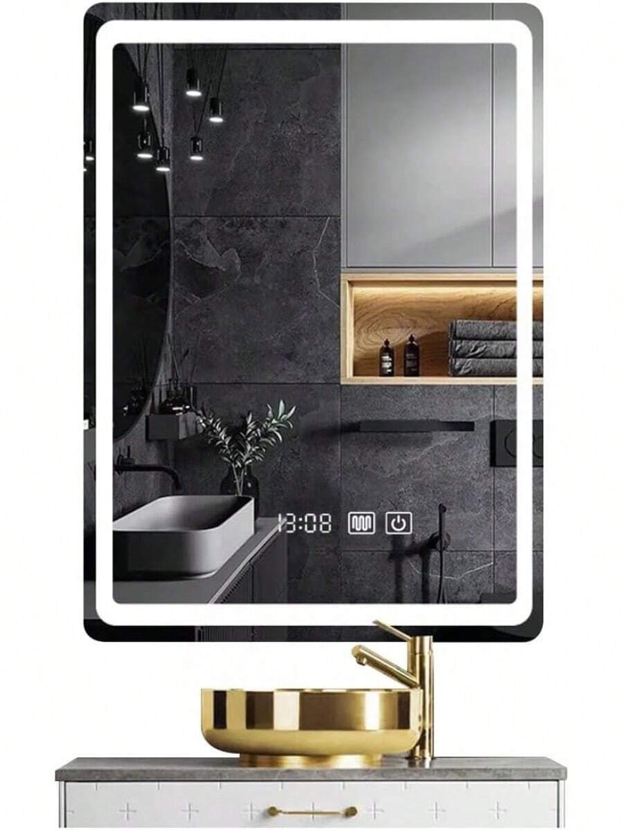 Espejo de baño LED, espejo de baño iluminado de 45x65 cm, control táctil y 3 modos de luz, reloj digital y termómetro, espejo de baño antiempañante ajustable, espejo LED de vidrio templado, fácil instalación - Redondo - Ver 1