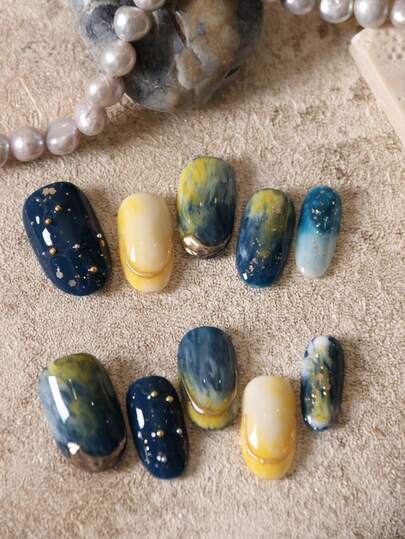 10pcs Press-On Fake Nails, Purple & Gold Floral Resin Butterfly Decor, Suitable For Office & Daily Wear, Includes 1 Adhesive Sticker And 1 Mini Nail File Handmade Press On Nails