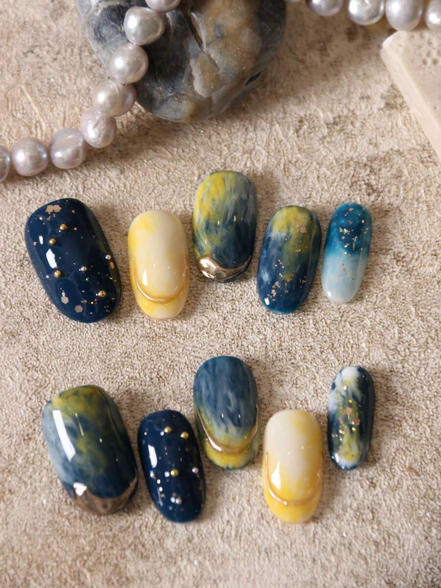 10 móng tay giả dán sẵn, móng tay giả thủ công, móng tay giả màu tím vàng hình hoa, móng tay giả đúc nhựa hình nơ, móng tay giả dùng hàng ngày ở văn phòng, bộ móng giả bao gồm 1 tờ keo dán và 1 dũa mini. - Nhiều màu - Xem 1