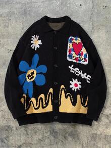 ANDREILEE Men's Casual Loose Solid Color Cardigan Sweater With Heart, Wave, Letter Graphic, V-Neck, Button Front, Long Sleeve, Knit Top For Autumn/Winter - Black - View 1