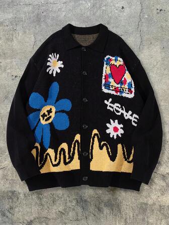 男士休闲宽松纯色开衫，饰有花卉、爱心、波浪、趣味图案和英文字母印花，罗纹V领长袖针织毛衣外套，秋冬款