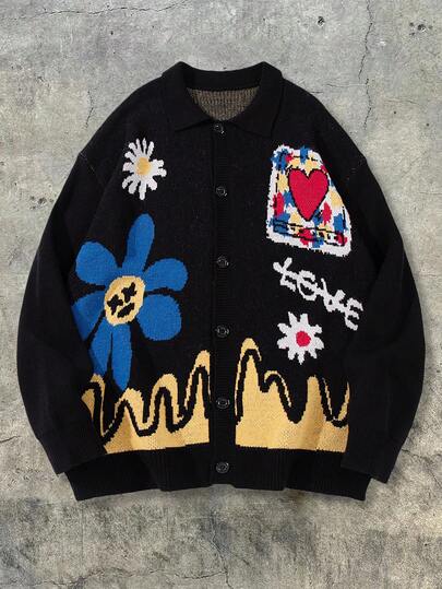 귀여운 하트, 웨이브, 레터 그래픽 패턴, 브이넥, 버튼다운, 긴 소매, 가을 및 겨울용 니트 탑이 있는 남성 캐주얼 루즈 솔리드 컬러 가디건 스웨터