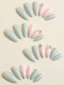 24pcs Medium Almond Shaped Spring Leaf Pattern Glitter Nail Stickers, Full Coverage Shiny Fake Nails, Suitable For Women And Girls Daily Wear - 多色 3 - 查看 12