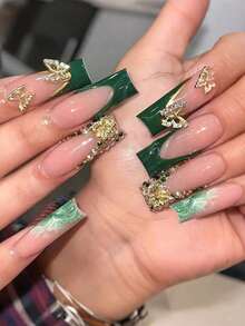 24pcs Chinese Style Floral Pattern Press-On Nail Stickers. Decorated With Green Glitter, Covers All Fake Nails. Luxurious And Elegant. Suitable For Women And Girls. - 多色 12 - 查看 8