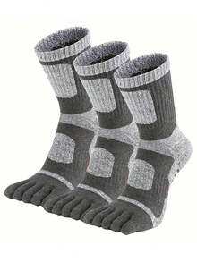 3双装男士加厚毛圈缓冲五指袜，保暖隔热五指袜，运动徒步袜，纯棉中筒袜，吸湿排汗，防滑，耐穿，及踝袜 - 彩色 - 查看 13