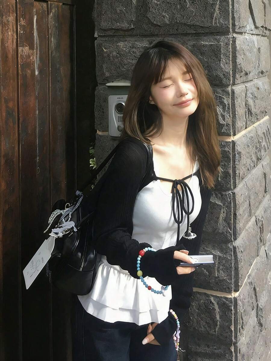 Áo hai dây kiểu ballerina với viền bèo nhún, có thể mặc riêng hoặc mặc lớp, kiểu lưng chữ Y, màu trắng, thích hợp cho mùa hè. - trắng - Xem 1