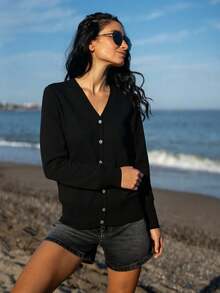 GIGOGOU Plus Size 1XL-4XL Women V-Neck Casual Long Sleeve Knit Cardigan, Spring/Autumn Black Fall - Black - View 5