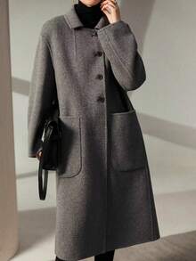 Women's New Autumn And Winter Style, Best-Selling Autumn And Winter Item, Comfortable And Casual Gray Double-Faced Long Coat, Slim-Fitting Design, Classic Lapel, Warm Autumn And Winter Solid-Color Pocket, Front Buttons, Office & Daily Wear, Coat With Large Pockets Clothing For Christmas, Spring Festival And New Year - Dark Grey - View 5