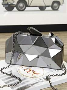 Women's European And American Fashion Asymmetric Metal Box Bag, Crossbody Chain Bag, High-End Evening Clutch, Formal Party Bag - Black - View 1