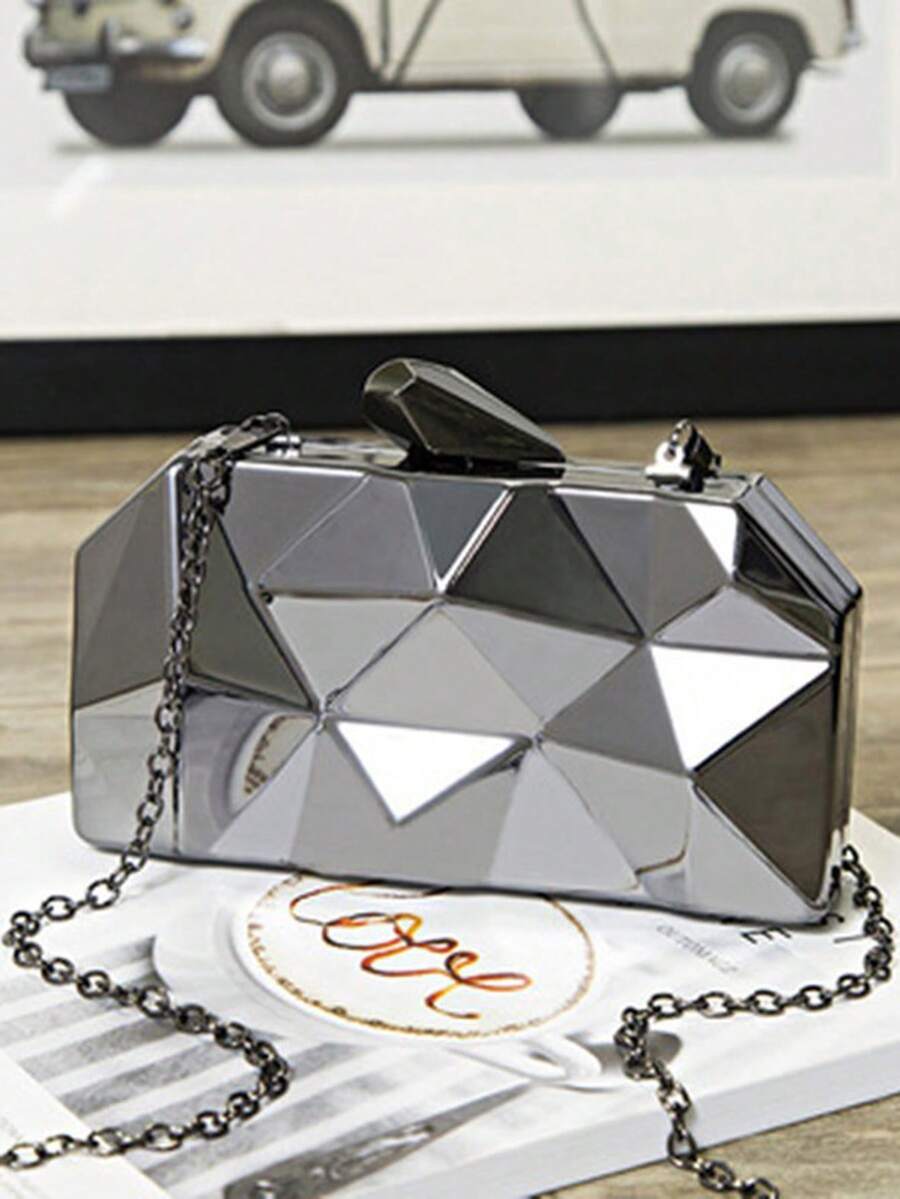 Women's European And American Fashion Asymmetric Metal Box Bag, Crossbody Chain Bag, High-End Evening Clutch, Formal Party Bag - Black - View 1