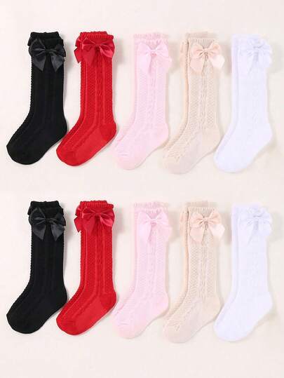 5 Pairs Baby Solid Color Mesh Bowknot Decorated Stockings Comfortable And Breathable Suitable For Daily Life And Party Places Princess Outfit Toddler Cute Socks Baby Socks Girls Newborn Socks Summer And Spring