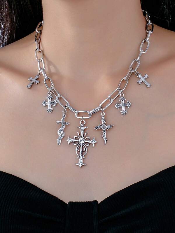 1pc Gothic Vintage Floral & Cross Pendant Thick Chain Necklace, Suitable For Women's Daily, Party, Gathering Wear