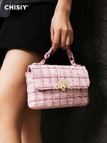 Retro And Elegant Tweed Handbag, Generous And Simple Shoulder Bag, Customized Gold Ball Buckle Crossbody Bag, Suitable For Business Casual, Shopping And School, Front Twist Lock Handbag, With Shoulder Strap, Shoulder Bag, Crossbody Bag Is Very Suitable For Daily Life, Party And Travel, Lightweight And Durable, Versatile Retro Charm, Suitable For Women Who Pursue Elegant Personality, Suitable For Any Occasion, Showing Unique Fashion Taste - 粉色 - 查看 1
