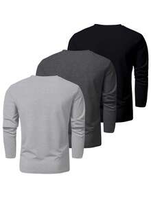 3 件/套加大码男士圆领长袖 T 恤，黑色和灰色组合，多件装