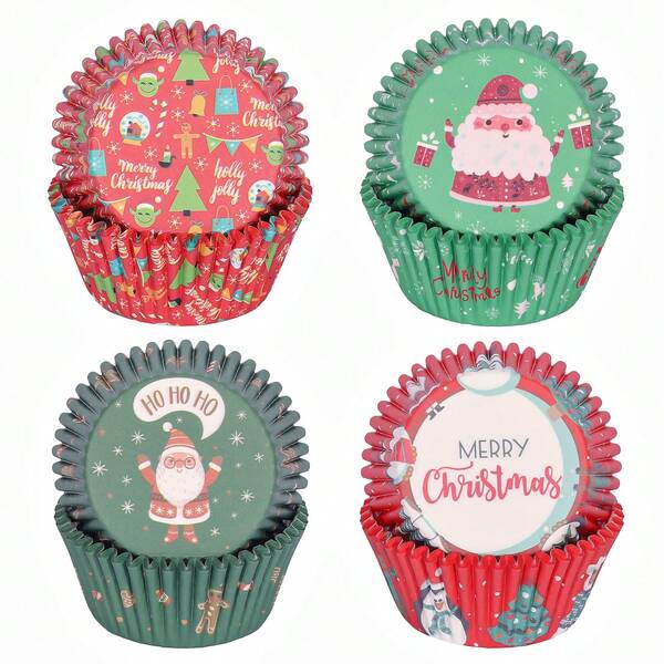 100 moules à cupcakes de Noël Joyeux Noël Arbre de Noël Bonhomme de neige Père Noël 4 types de caissettes à muffins standard pour décoration de gâteau, dessert, fête d'anniversaire, Noël, pyjamas de Noël, cadeaux de Noël, décoration de Noël