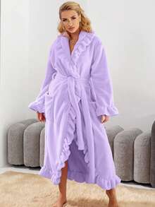 2pcs Women's Super Soft Ruffle Hem Thick Fleece Robe, Ruffle Hem Fashion Robe With Side Pockets, Warm Long Bathrobe, Plush SPA Robe, Loungewear, Sleepwear - Multicolor - View 4