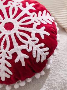 1 Stück Weihnachts-Rot Schneeflocke bestickte runde Kissenbezug, geeignet für Inneneinrichtung, Weihnachtsdekokissenbezug, Kissenfüllung nicht enthalten