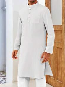 Mens Kaftan Robe Button Down Long Sleeve Henley Cotton Thobe Casual Side Split Gown Shirthalloween - Xám - Xem 8