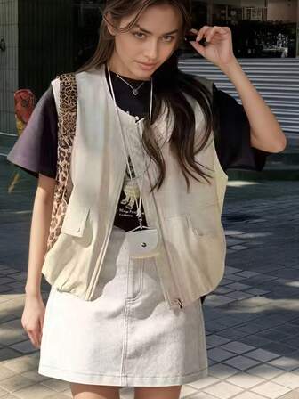 Women's Solid Color Front Zipper Casual Vacation Faux Leather Vest