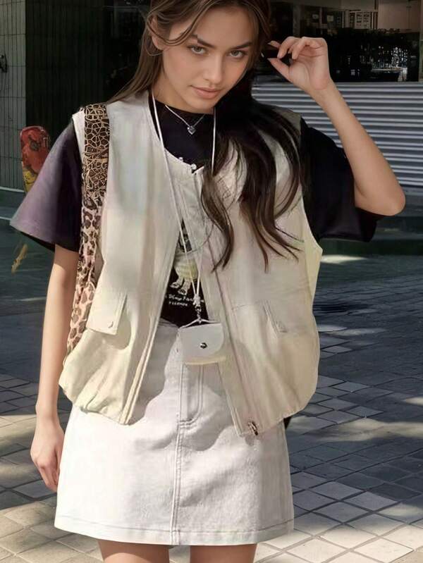 Women's Solid Color Front Zipper Casual Vacation Faux Leather Vest