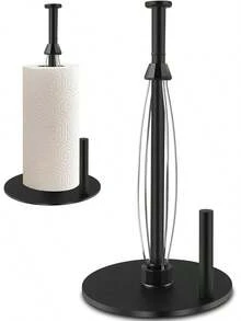 Portarrollos de Papel para Cocina en Acero Inoxidable - Soporte Estable con Base Pesada para Encimera - Dispensador de Toallas Fácil de Usar para Hogar, Baño y Decoración para Cocina (Negro) - Negro y Plata - Ver 2