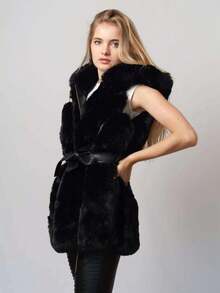 Gilet en fausse fourrure noire pour femme avec ceinture – Élégant et chaud, vêtement d'hiver de luxe sans manches - Noir - Voir 9