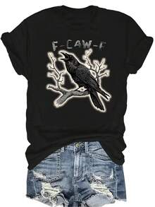 [Camiseta de moda casual] Camiseta suave y cómoda para mujer - Diseño de tatuaje de rama de cuervo Casual de manga corta y cuello redondo, regalo perfecto para la abuela y la mamá, uso casual de primavera y verano - Negro - Ver 1
