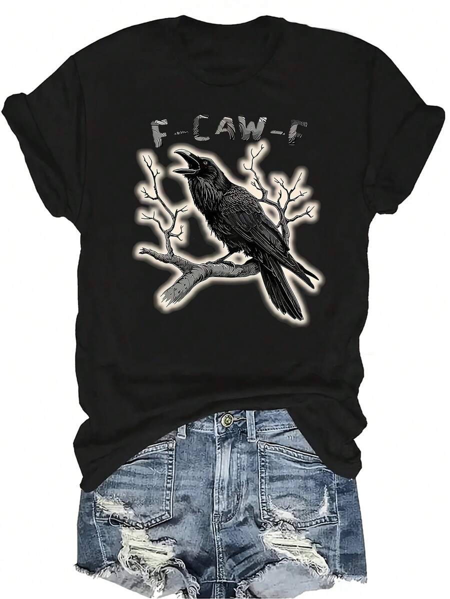 [Camiseta de moda casual] Camiseta suave y cómoda para mujer - Diseño de tatuaje de rama de cuervo Casual de manga corta y cuello redondo, regalo perfecto para la abuela y la mamá, uso casual de primavera y verano - Negro - Ver 1