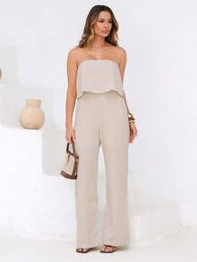 Women's Elegant Strapless Linen Jumpsuit - Màu be - Xem 1