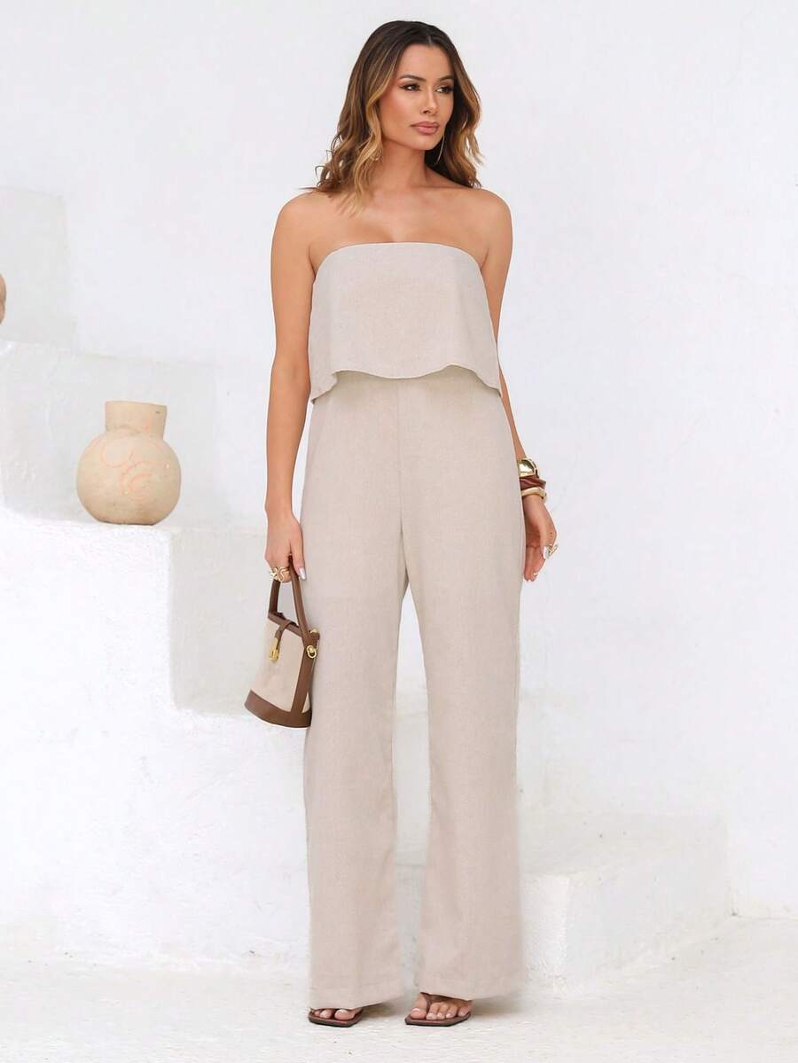 Women's Elegant Strapless Linen Jumpsuit - Màu be - Xem 1