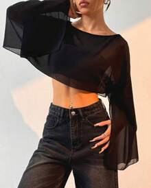 Cropped Tulle Cape With Open, Flowing Sleeves - Black - View 1