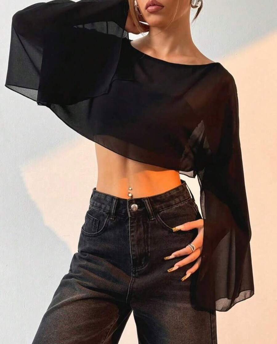 Cropped Tulle Cape With Open, Flowing Sleeves - Black - View 1