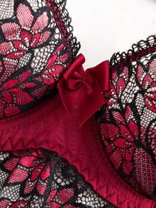 2PCS Women's Sexy Lingerie Set With Steel Rims, Black And Red Contrasting Lace, Bow Decoration, Semi Transparent Lace Patchwork Lace Hem Lingerie And Underwear, Gorgeous And Sexy Gothic Style Bra