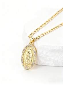 1 chiếc vòng cổ trang sức Đức Mẹ Đồng Trinh sang trọng cổ điển dành cho cả nam và nữ, dây chuyền tinh tế + mặt dây chuyền Đức Mẹ Đồng Trinh khảm Zirconia hình bầu dục, thể hiện sự thanh lịch cổ điển, phù hợp cho các dịp tôn giáo, trang phục cổ điển, v.v. - Vàng - Xem 4