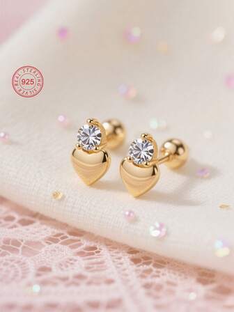 1 Pair 925 Sterling Silver Hypoallergenic Heart Stud Earrings, Adorable & Cute Design With Sparkling Cubic Zirconia, Spiral Ear Backs For Secure Wear, Comes In Gift Box, Suitable For Daily Wear Or Holidays, Great Gift For Girls, Friends, Back To School, Christmas