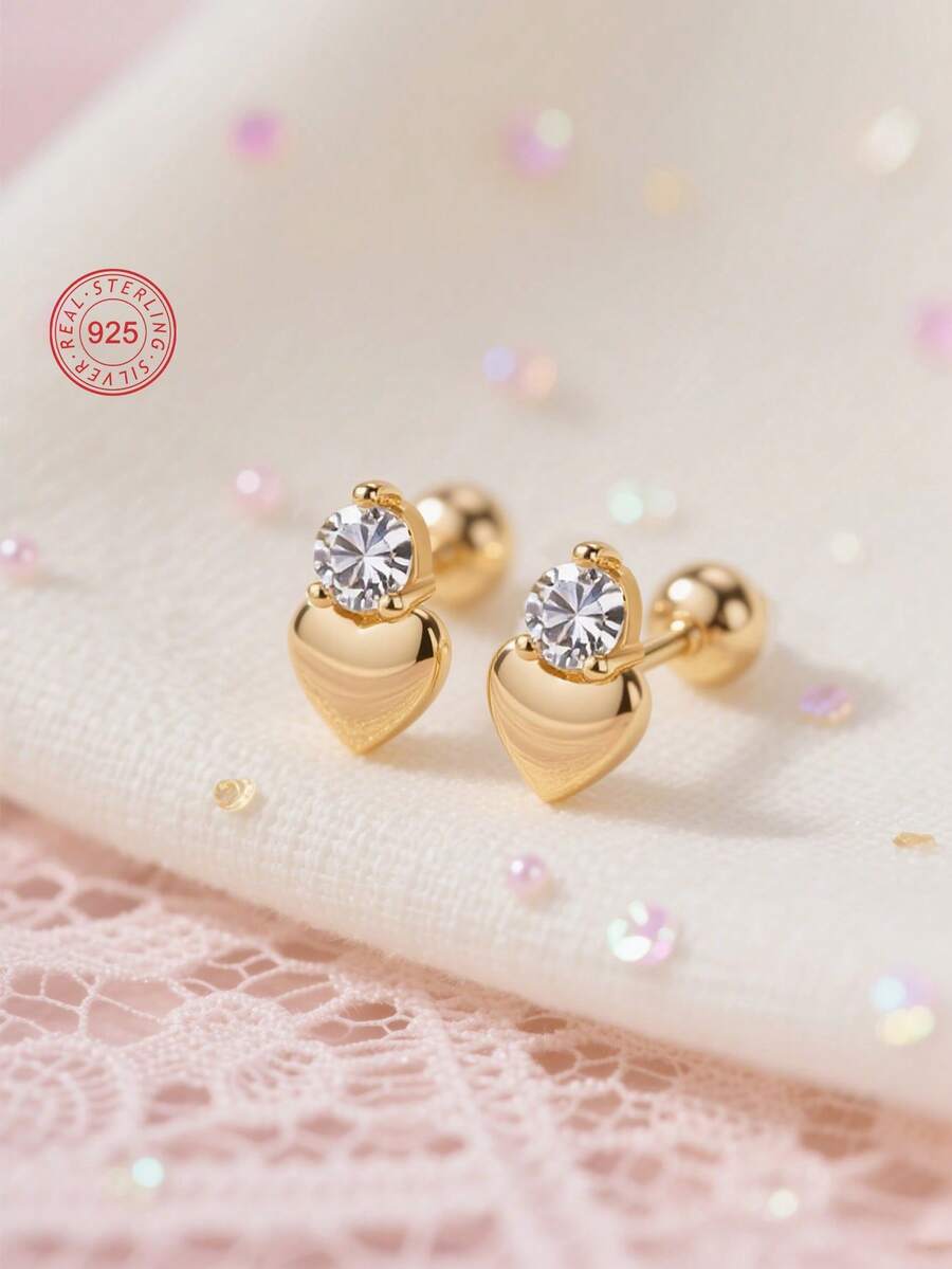 1 对 925 纯银防过敏心形耳钉，可爱可爱的设计，镶嵌闪亮的方晶锆石，螺旋耳背，佩戴牢固，附赠礼品盒，适合日常佩戴或节日佩戴，是送给女孩、朋友、返校、圣诞节的绝佳礼物 - 均碼 - 查看 1