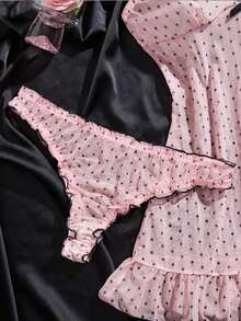 2-Piece Sexy Lingerie Set , Women's Elegant Polka Dot Mesh Nightgown With Ruffle Hem, Breathable Elegance Cute Sleepwear With Bow Decoration, Comfortable Fabric & Chic Everyday Loungewear - 粉色 - 查看 6
