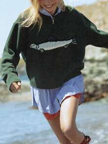 Women Fish Graphic Knit Sweater Y2k Long Sleeve Crew Neck Loose Sweaters Vintage Goth Pullover Knitwear Fall Winter Cute Chunky Streetwea - 綠色 - 查看 2