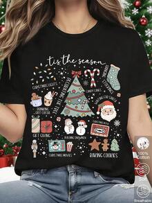 Camisetas navideñas vintage,ropa navideña para mujer,ropa de algodón de cuello redondo - Negro - Ver 1