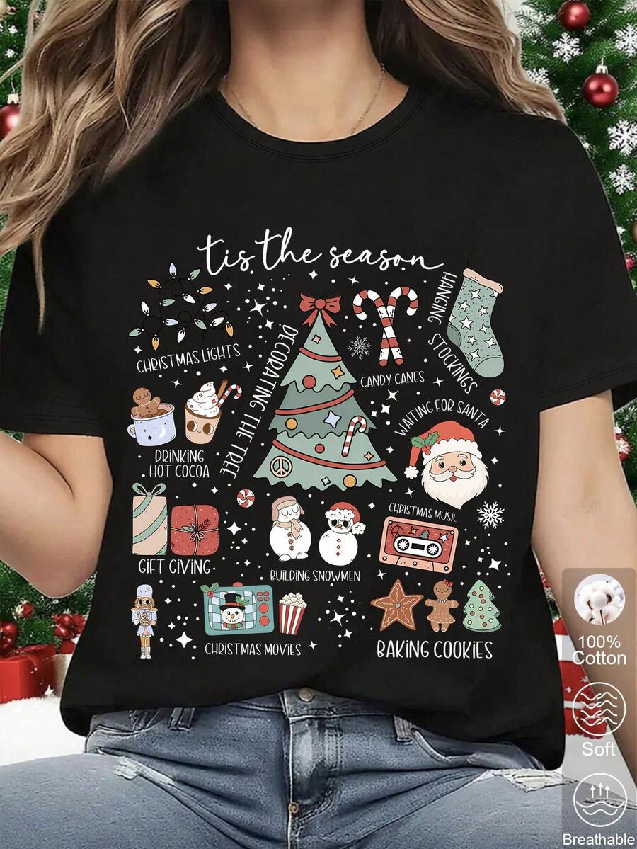 Camisetas navideñas vintage,ropa navideña para mujer,ropa de algodón de cuello redondo - Negro - Ver 1