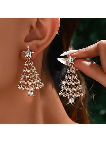 1 Pair Of Christmas Tree Earrings, A Golden And Shiny Synthetic Gemstone Party Accessory For Ladies. The Unique Tree-Shaped Design Is Perfect For Festivals, Celebrations And Daily Wear. It's A Perfect Gift For Your Girlfriend And Family. Handmade Jewelry
