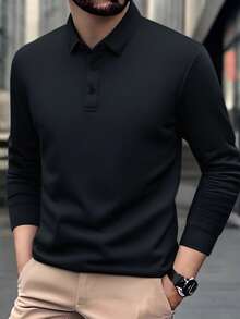 男士休闲长袖 Polo 衫，轻盈涤纶面料，宽松版型，简约纯色，商务/校园风格 - 黑色 - 查看 1