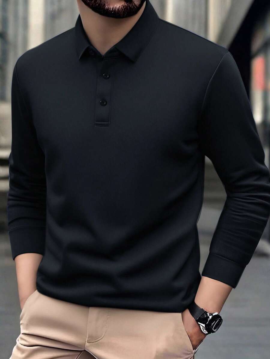 男士休闲长袖 Polo 衫，轻盈涤纶面料，宽松版型，简约纯色，商务/校园风格 - 黑色 - 查看 1