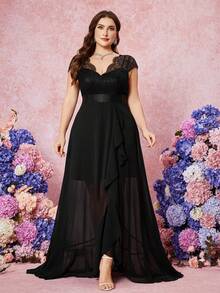 Vestido de dama de honor elegante para mujer talla grande con collar de rhinestones, empalmado de encaje, color liso, volantes de gasa y cintura ceñida